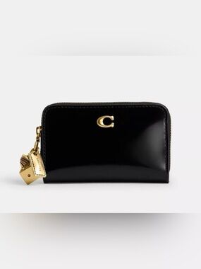🖤💛Coach NWT Black Patent Leather Essential Small Zip Wallet with Brass Charms